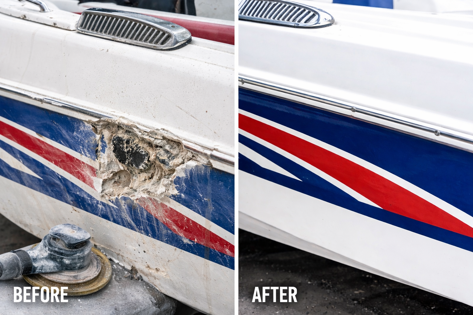 before and after Hull Fiberglass Repair in Cape Coral